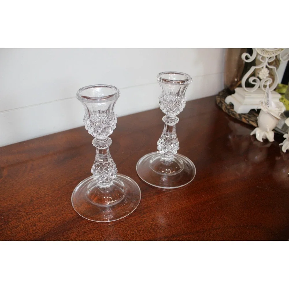 pair of Vintage clear pressed diamond-cut candlestick holder
